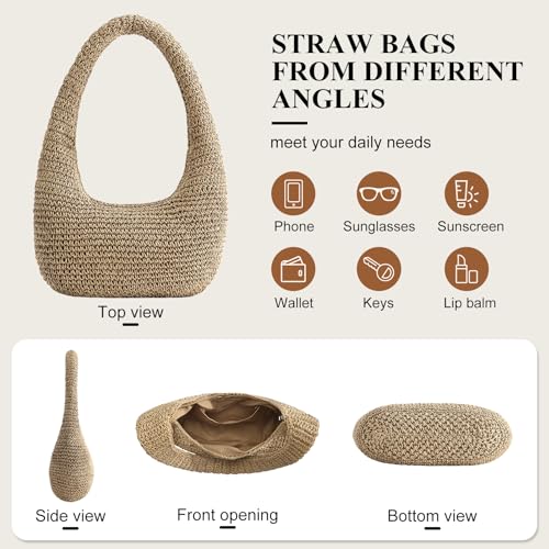 Straw Beach Bag for Women, Summer Tote Bag for Vacation, Hobo Shoulder Bag for Beach Wedding Travel - color: Brown