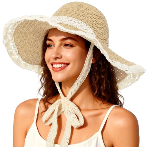 Beach Hats for Women - Beach Hat Womens UPF 50+ Lace Ribbon,Packable Sun Hat Women,Straw Hat for Women 2026 - color: Beige
