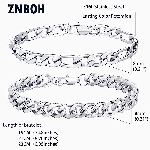 2Pcs Stainless Steel Bracelets for Men 14K Gold Plated Cuban Link Figaro Rope Silver Chain Bracelet Set Curb Width Sturdy Bracelet 7.5/8.3/9 Inches Jewelry Gifts for Dad Husband - color: B:Silver-Figaro+Cuban Link, size: Display Length: 9.0 Inches