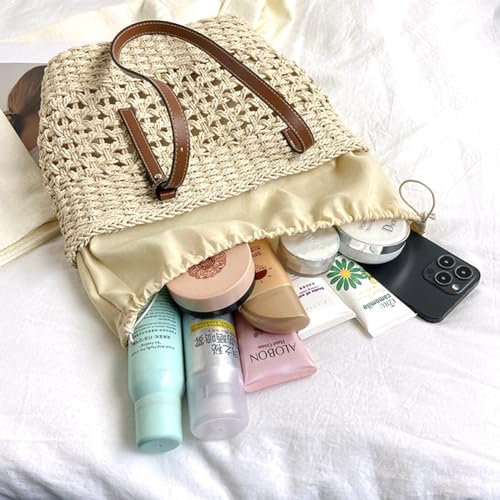 Stylish Boho Straw Tote Bag Hand-woven Purse Beach Handbag Summer Shoulder Bag With Adjustable Strap - color: Ivory