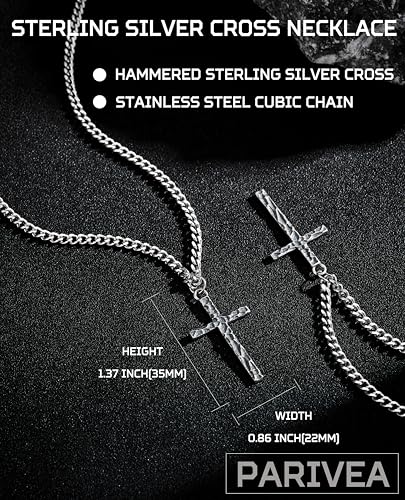 925 Sterling Silver Cross Necklace Men - Oxidized Hammered Cross Pendant with Stainless Steel Cuban Link Curb Chain Vintage Unique Crucifix Necklaces Silver Jewelry for Mens Women 16-30 Inches