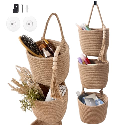 Fabric Wall Hanging Organizers - Small Woven Baskets Pouches Set Boho Style Wall Mounted Bag with Adhesive Hook, Storage Decoration Pocket Caddy for Closet Playroom RV Nursery (Linen & Black) - color: Linen & Black