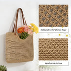 Oweisong Beach Bags for Women Woven Crochet Summer Purse 2026 | Boho Tote Bag, 13.8" Large Capacity, Tote Bag with Zipper, Foldable Packable, Beach Shipping, Vacation Purse - color: Brown