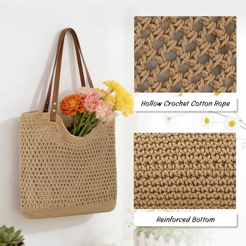 Oweisong Beach Bags for Women Woven Crochet Summer Purse 2026 | Boho Tote Bag, 13.8" Large Capacity, Tote Bag with Zipper, Foldable Packable, Beach Shipping, Vacation Purse - color: Brown
