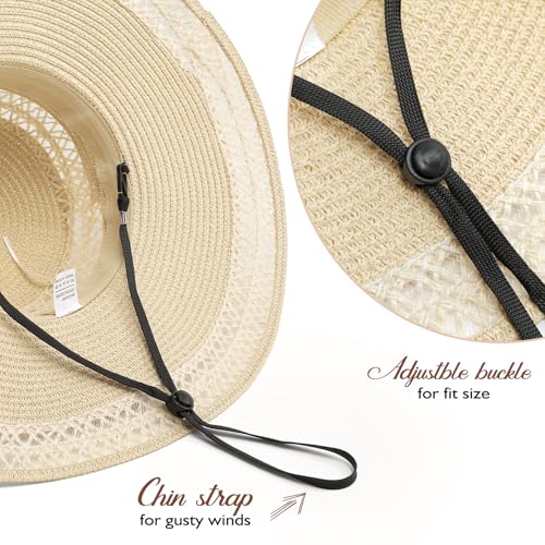 Womens Beach Sun Straw Hat, Wide Brim Sun Hat Travel Foldable Summer Wind Lanyard UPF 50+ - color: Beige With Lace