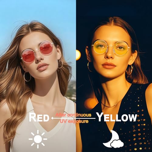 Joopin Retro Small Round Sunglasses Hippie Circle Sun Glasses Polarized UV400 Protection Metal Shades for Men Women - color: Golden Frame Yellow Change Red Lens
