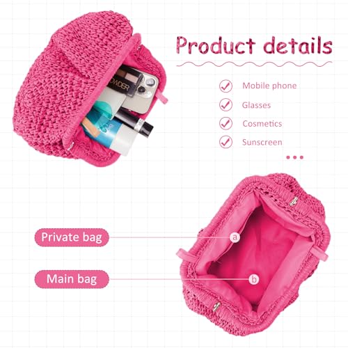 Emprier Straw Clutch Purses for Women Cloud Dumpling Pouch Straw Crossbody Shoulder Handbag Summer Beach Woven Bag - color: Rose Red