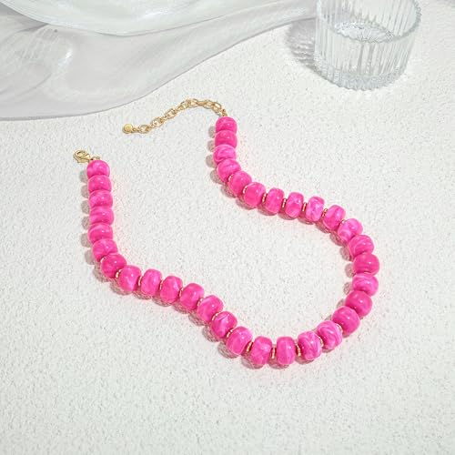 Summer Beach Jewelry Chunky Beaded Necklace for Women Trendy Statement Big Colorful Resin Bead Choker Necklaces Boho Charm Jewelry Cute Gifts for Love - color: Rose Red