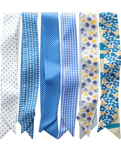 ZXZH 6 Pack Fashion Scarves for Women, Versatile Boho Head Scarf, Satin Scarf for Hair, Neck, Wrist, and Purse Accessories - color: Blue Preppy Print