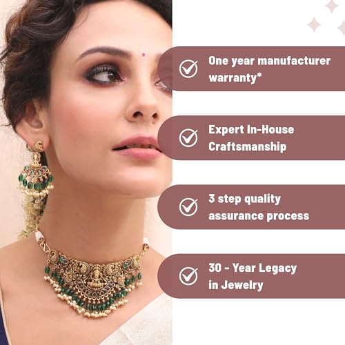 TARINIKA Brass Indian Choker Necklace Set - Gold Plated Cubic Zirconia Indian Jewelry Sets for Women Dangle, Drop, Jhumka Earrings Traditional Desi Necklace Pearls Gift for her - style: Sreeja Antique