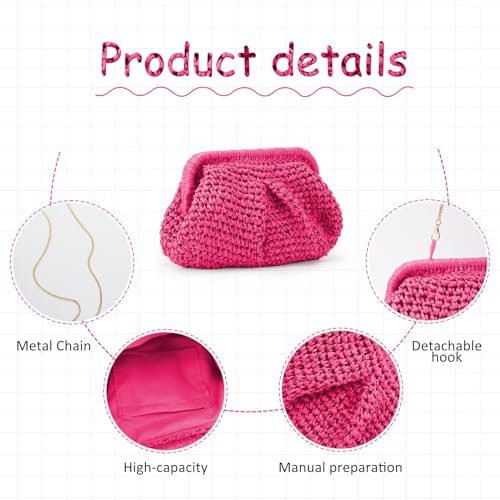 Emprier Straw Clutch Purses for Women Cloud Dumpling Pouch Straw Crossbody Shoulder Handbag Summer Beach Woven Bag - color: Rose Red