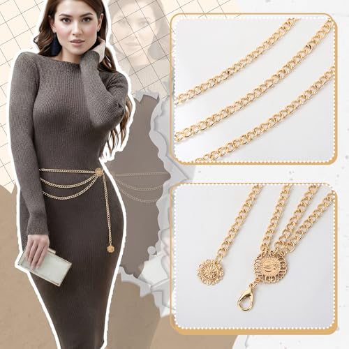 3Pcs Layered Waist Chains for Women Gold Multilayer Metal Adjustable Fashion Accessories Dress Hip Chain Belt - style: Fashionable Gold Retro