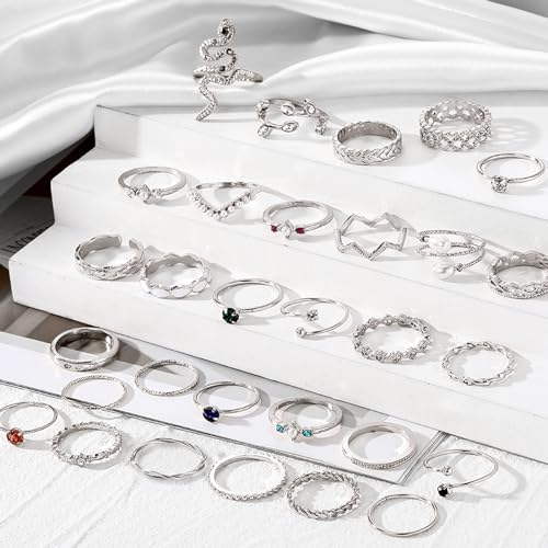 Gold Boho Sparkle Knuckle Rings Set For Women, Vintage Fashion Aesthetic Trendy Joint Snake Ring Pack, Retro Green Black Pink Colorful Rhinestone Star Crystal Leaf Diamond Pearl Jewelry - color: Gold