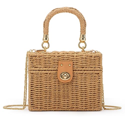 Fecialy Women Handwoven Rattan Handbag Beach Straw Tote Bag Square Boho Crossbody Bag - color: Brown