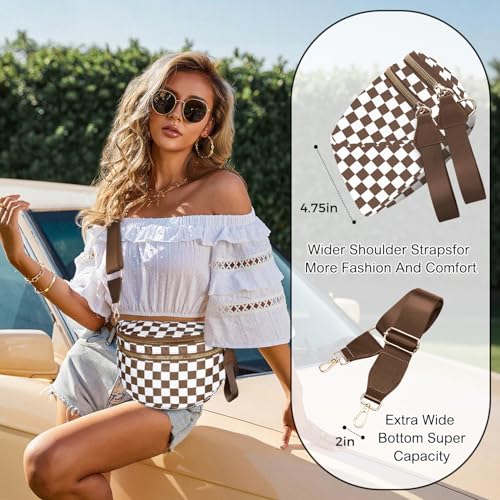 Spacious Nylon Checkered Crossbody Bum Bag for Women, Fashion Checkerboard Fanny Pack Purse with Anti-theft Pocket, Adjustable Wider Strap Wasit Bag (White-Brown) - color: White-brown