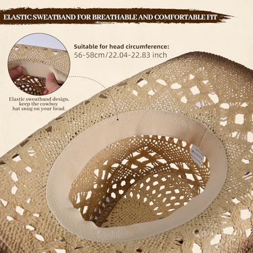 Straw Cowboy Hat for Men Womens Straw Cowgirl Hat Summer Western Cowboy Hats with Wide Brim for Cowgirls and Cowboys - color: Beige