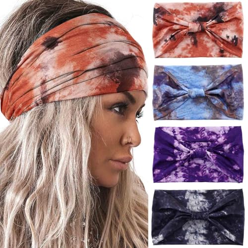 Acenail Wide Headbands Women Turban Knotted Headband Elastic Non Slip Boho Hairbands Tie Dye Hairband Bohemian Workout Head Wraps Yoga Hair Scarfs Fashion Hair Accessories for Women 4Pcs(#3 Tie Dye) - color: Tie Dye