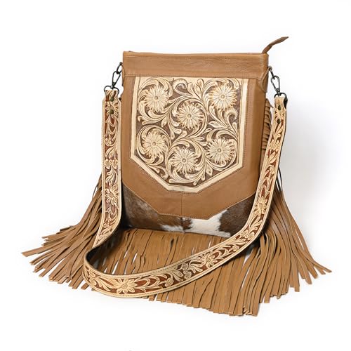 Merbaa Berlin hand-carved Fringed Shoulder Bag Natural Cowhide Hand Bag with Floral Hand Tooling - color: Tan