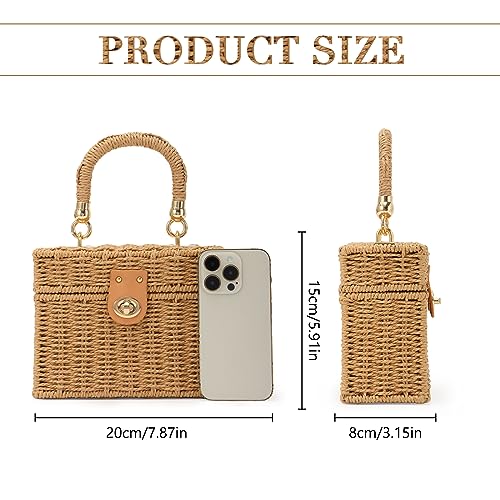 Fecialy Women Handwoven Rattan Handbag Beach Straw Tote Bag Square Boho Crossbody Bag - color: Brown