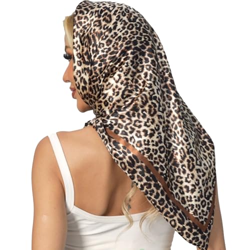 Leopard Print Head Scarf for Women Like Silk Satin Scarf for Hair Wrapping at Night Bandana Square Scarf 35 Inches - color: Light Coffee