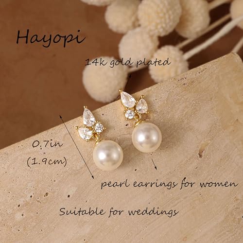 Hayopi Pearl Earrings for Women - Dainty Gold Dangle Drop Earrings, 14k Gold Plated Cute Bow Design, Hypoallergenic Pearl Studs, Wedding Jewelry Gifts - color: GOLD-3 CZ Pearl