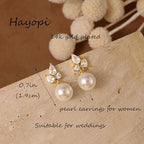 Hayopi Pearl Earrings for Women - Dainty Gold Dangle Drop Earrings, 14k Gold Plated Cute Bow Design, Hypoallergenic Pearl Studs, Wedding Jewelry Gifts - color: GOLD-3 CZ Pearl