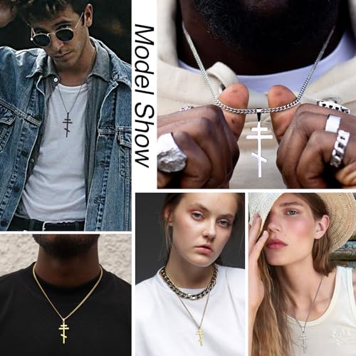 Men's Orthodox Cross Pendant Necklace - Trendy Religious Cross Chain,Hypoallergenic Waterproof Stainless Steel Christian Long Necklaces,Non Tarnish Byzantine Cross Symbol Pendants Necklace for Him - color: Gold+Silver