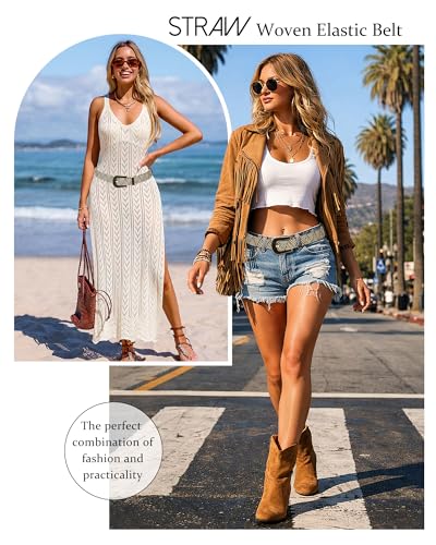 AWAYTR Womens Boho Woven Belt - Easy Care Plastic Elastic Belt with Handmade Raffia Buckle for Daily Vacation Work - color: Black With Beige Stripes, size: Fit Waist 31''-36''