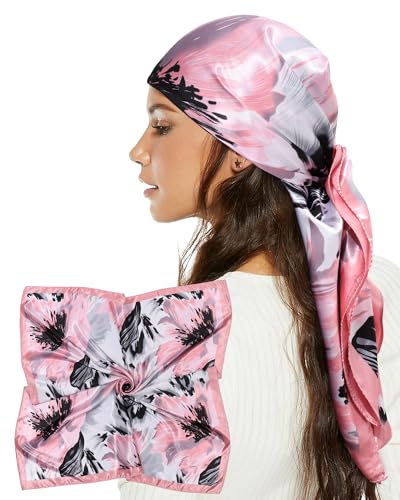 AWAYTR 35” Satin Head Scarf for Women Like Silk Scarf Hair Bandanas Women Large Square Neck Scarf Headscarf Head Wrap - color: Pink