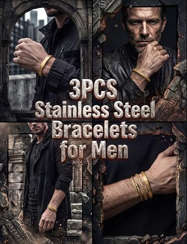 YADOCA 3 Pcs Stainless Steel Bracelets for Men Gold Silver Black Men Bracelet Adjustable Cuff Roman Numeral Bangle Bracelets Mens Luxury Bracelet Set Jewelry Gifts Trendy Gold Accessories - color: A:Gold-1