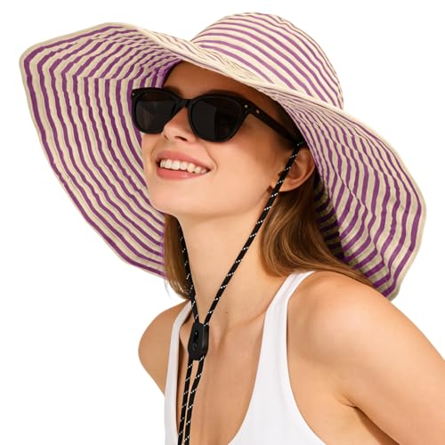 Sun Hat for Men Women UV Protection Wide Brim Fishing Hats Breathable UPF 50+ Boonie Bucket Hats Beach Safari Hiking Garden - color: Beige/Purple