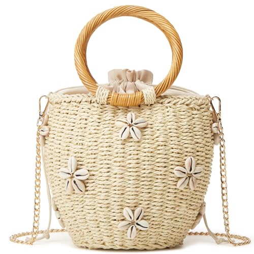 Summer Straw Bag for Women Pearl Flower Bucket Tote Bag Diamond Handbag Hand Woven Rattan Shell Purse Drawstring - color: B-beige
