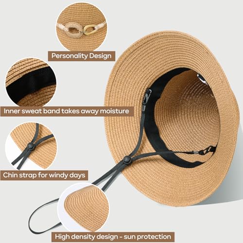 Beach Sun Straw Hats for Women, UPF 50+ UV Sun Protection Wide Brim Summer Straw Hat Foldable Packable Roll up Cap - color: Hemp Rope Buckle - Khaki