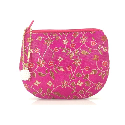 Handmade Women Coin Purse Rosary Pouch Silk Jewelry Bag Brocade Zipper Wallet - Magenta - color: Magenta