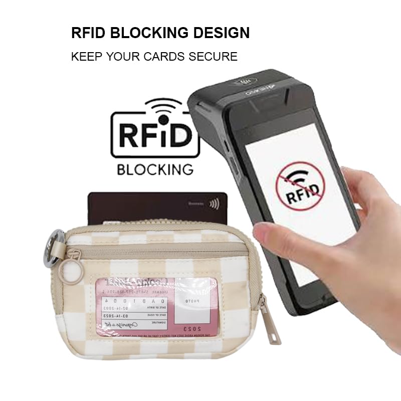 Nylon Wristlet Wallet for Women,Quilted RFID Blocking Small Zipper Coin Purse Keychain Wallet with ID Window Lightweight Travel Wristlet wallet - color: Beige