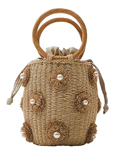 Summer Straw Bag for Women Pearl Flower Bucket Tote Bag Diamond Handbag Hand Woven Rattan Shell Purse Drawstring - color: A-khaki