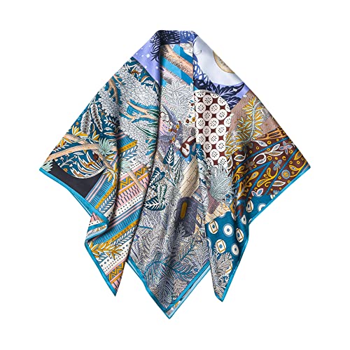 SHIROUYU 100% Pure Mulberry Silk Scarf 35" Large Square Lightweight Headscarf –Women’s Hair Wraps The shawl-With Gift Packed - color: Blue-sun