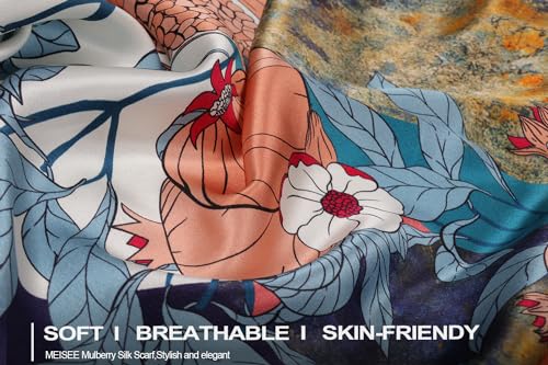 100% Pure Mulberry Silk Scarf 43”*43” Large Square Lightweight Headscarf Women’s Hair Wraps Shawls with Gift Packed - color: Fresh Dark Blue Flowers