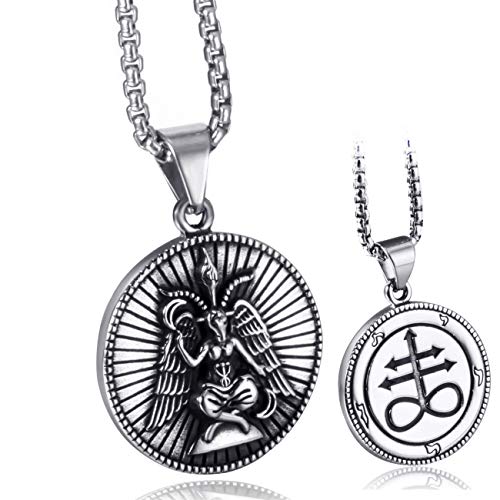 Men Stainless Steel Pendant Necklace Baphomet Goat Satanic Satan Leviathan Cross Demon Devil Lucifer Sulfur Both Sided Pendants Chain - color: Silver Black-A