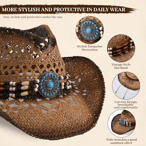 Straw Cowboy Hat for Men Womens Straw Cowgirl Hat Summer Western Cowboy Hats with Wide Brim for Cowgirls and Cowboys - color: Brown