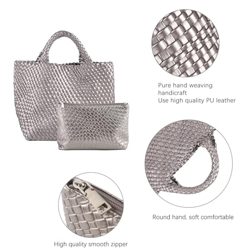 Handmade Woven Bag Satchel Handbag For Women Vegan Leather Tote Bag With Purses Travel Shoulder Bag Underarm Bag - color: Silver Grey-a