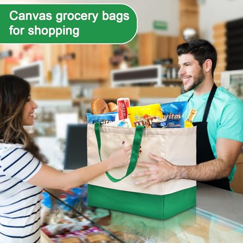 Canvas Reusable Grocery Bags Heavy Duty, 8.3 gal Foldable Large Canvas Tote Bag with Handles, Holds 60 lbs Shopping Bags, 3 Pack - color: [A1] Off White / Green, size: 3 Pack