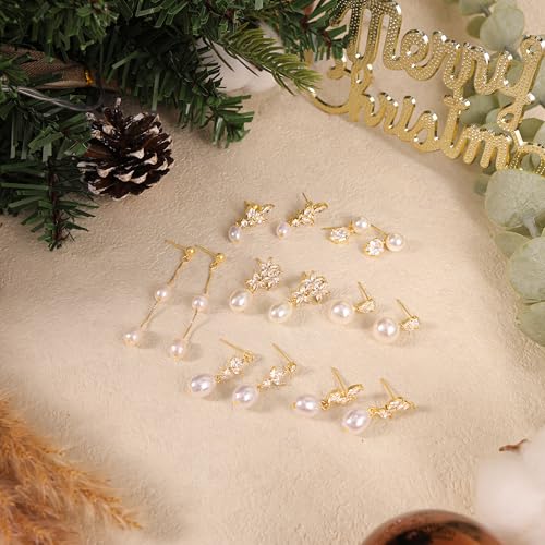 Hayopi Pearl Earrings for Women - Dainty Gold Dangle Drop Earrings, 14k Gold Plated Cute Bow Design, Hypoallergenic Pearl Studs, Wedding Jewelry Gifts - color: Mayan CZ earrings