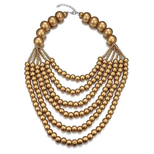 COLORFUL BLING Boho African Wooden Beaded Bib Statement Choker Necklace Long Multi Strand Chunky Layered Collar Tassel Necklace for Women Handmade Jewelry - color: yellow