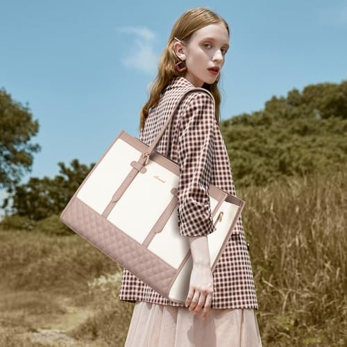 LOVEVOOK Laptop Tote for Women, 15.6 inch Canvas Laptop Bag with Clutch Purse, Computer Office Business Briefcase, Casual Handbag for Travel College Teacher School - color: Rosy Brown, size: 15.6 inch