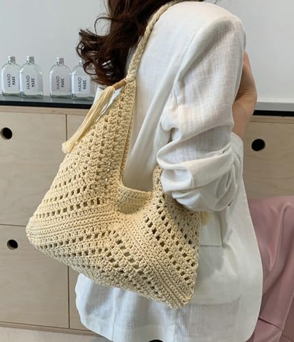 Boho Straw Bags for Women Large Woven Tote Bag Straw Beach Bag Shoulder Bags Purse Handbags Summer Straw Hobo Bag - color: Beige