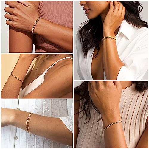 DEARMAY 14K Gold Plated Bracelets for Women, Jewelry Sets Cute Tennis Beaded Bracelets Cuban Link Paperclip Chain Dainty Bracelet Pack Gifts - color: BRACELET-A