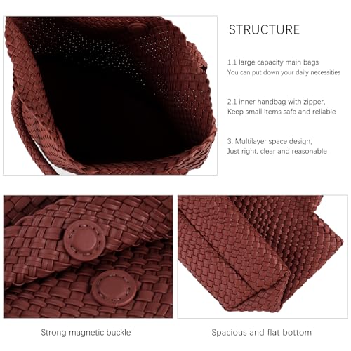 Handmade Woven Bag Satchel Handbag For Women Vegan Leather Tote Bag With Purses Travel Shoulder Bag Underarm Bag - color: Wine Red