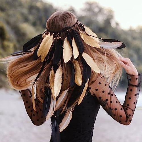 GORTIN Boho Feather Headband Gypsy Headpiece Headdress Bohemian Hippie Headbands Indian Festival Hair Band Adjust Long Feather Hair Accessories for Women and Girls (Black+Gold) - color: Black+Gold
