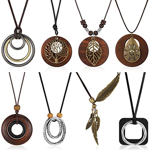 Huquary 8 Pcs Boho Long Necklaces for Women Vintage Wooden Necklaces Handmade Hippie Faux Leather Cord Sweater Jewelry